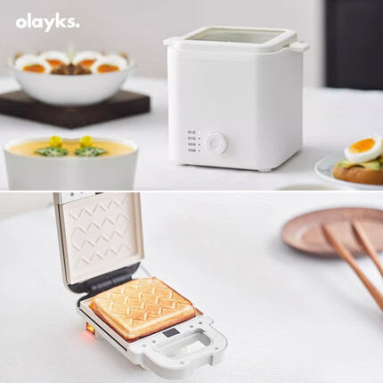 欧莱克(olayks)三明治机早餐机华夫饼烤吐司面包机小型轻食机电饼档自动封边可拆洗双面压烤机 三明治机+华夫饼盘+煮蛋器套装