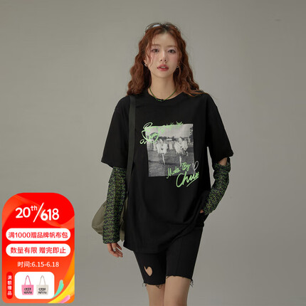 CHUU字母印花T恤女士2023年夏季新品洋气宽松假两件镂空长袖上衣 黑色 均码