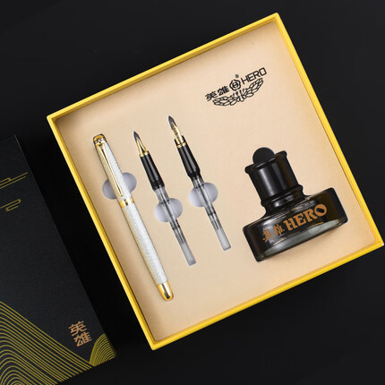 英雄（HERO）钢笔1520绒砂多彩细尖铱金钢笔/特细钢笔/美工笔三合一 男女款办公礼品教师墨水礼盒套装 银色