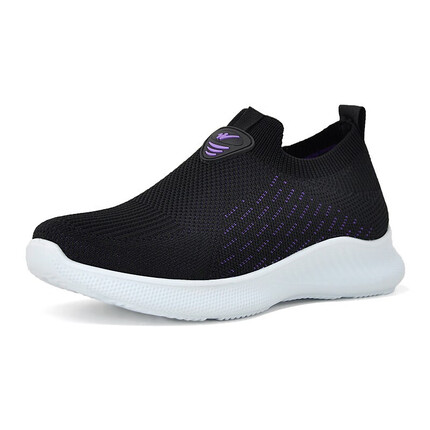 双星八特春夏季飞织透气一脚蹬老人鞋舒适中老年健步休闲网面妈妈女鞋 BD0058 黑紫(女款) 38