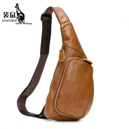 袋鼠（KANGAROO）眞皮男包2023新款包男士休闲时尚胸包 头层牛皮斜挎韩版潮包 黄棕色