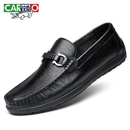 卡帝乐鳄鱼（CARTELO）商务经典豆豆鞋牛皮鞋一脚蹬懒人商务休闲男鞋9061 黑色 39