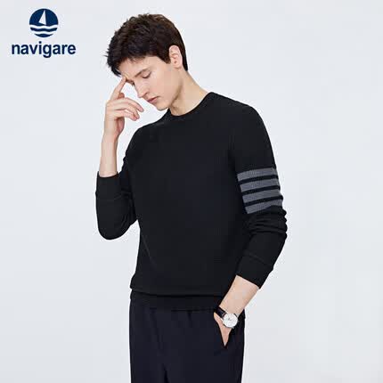 Navigare意大利小帆船男士针织衫抑菌圆领保暖毛衣1344503504 黑 M/48