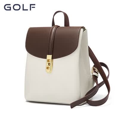 2022新款高尔夫/GOLF双肩包女潮时尚真皮撞色背包大容量学生通勤包上课包 粽咖配白.