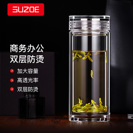 述作大容量高档隔热双层玻璃杯 水晶透明茶杯男士杯子泡茶杯车载商务便携水杯 大容量460ML（布袋）