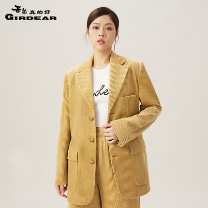 哥弟真的好(GIRDEAR)女装宽松中长款纯棉灯芯绒复古酷感老爹西装外套女8400064 落日黄 M(3码)
