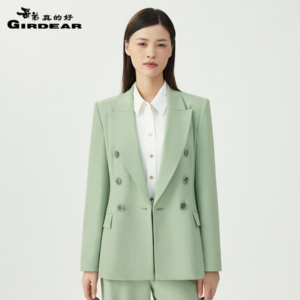 哥弟真的好女装双排扣收腰中长款气质西装外套女8400066 薄荷绿 S(2码)
