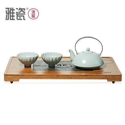 雅瓷汝窑提梁壶茶具套装一壶二杯茶壶茶杯礼盒包装汝瓷玄月菊瓣套装 汝窑玄月菊瓣套装+宽心如意茶台