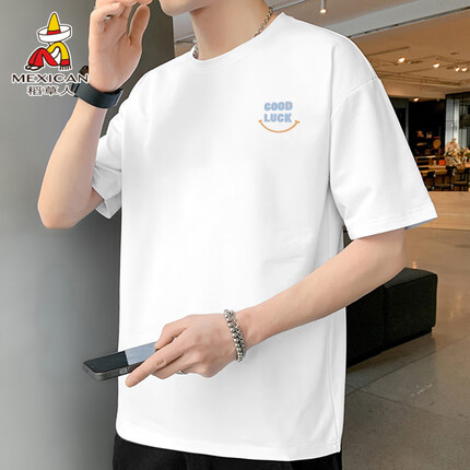 稻草人短袖t恤男夏季圆领印花打底衫男休闲百搭舒适透气男装 白色XL（MEXICAN）