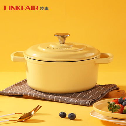 凌丰(LINKFAIR)铸铁珐琅煲汤锅家用双耳焖焗锅平底炖煮锅 22cm/3.6L【活动】 柠檬黄