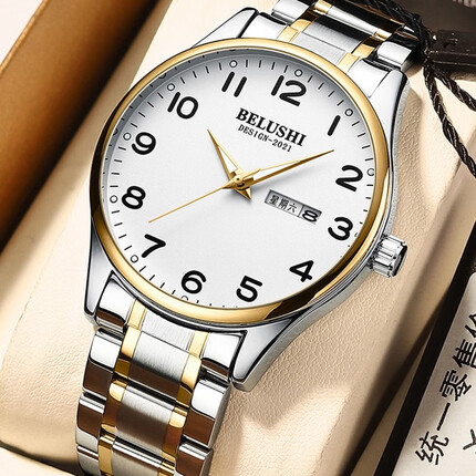 瑜品佳 老人手表男士爸爸款情侣表防水老年人腕表钢带石英表男款机械风 夜光钢带男表【金壳白面】