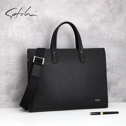 satchi沙驰公文包商务休闲真皮男包头层牛皮大气手提包时尚休闲电脑包斜挎包 黑色-AX24059-1H