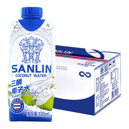 三麟（SANLIN）泰国进口天然椰子水330ml纸盒 椰汁NFC椰青果汁饮料 330ml*12盒