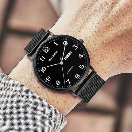 伯恩学生手表男女初中高中学生考试手表 简约运动防水腕表 黑色盘钢带 男表 日历版