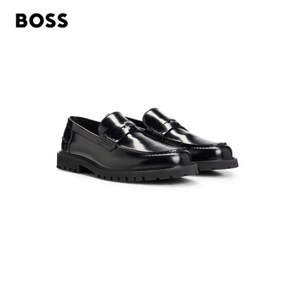 BOSS男士2024早春品牌标识钱币饰带皮革莫卡辛鞋 001-黑色 EU:40