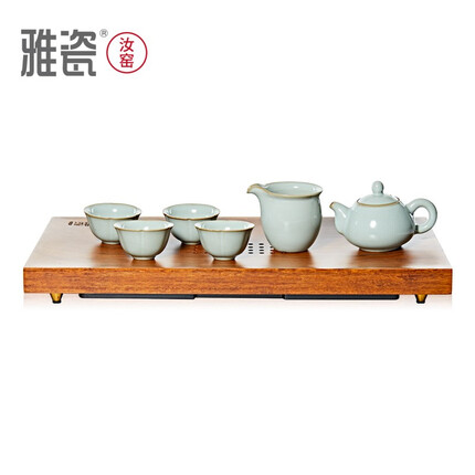 雅瓷汝窑茶具陶瓷功夫茶具套装家用泡茶喝茶具天青色汝瓷水平一壶四杯 汝窑水平壶套装+宽厚茶台