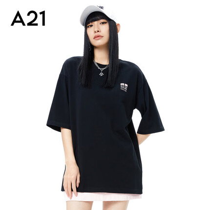 A21女夏创意趣味印花圆领落肩上衣打底衫外穿内搭休闲短袖t恤 黑色 L