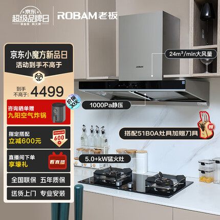 老板领航家抽油烟机D3S欧式顶吸双腔变频24大风量家用燃气灶吸油烟机挥手灶具套装60D3S套装 天然气