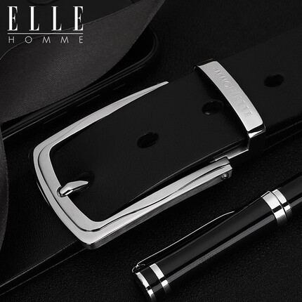 ELLE HOMME男士商务皮带 头层牛皮针扣腰带 不锈钢扣头正装裤带EE084724213黑色115cm 