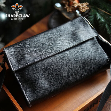 萨帕卡拉男士休闲包包单肩斜挎包牛皮背包简约男皮包 黑色 软牛皮