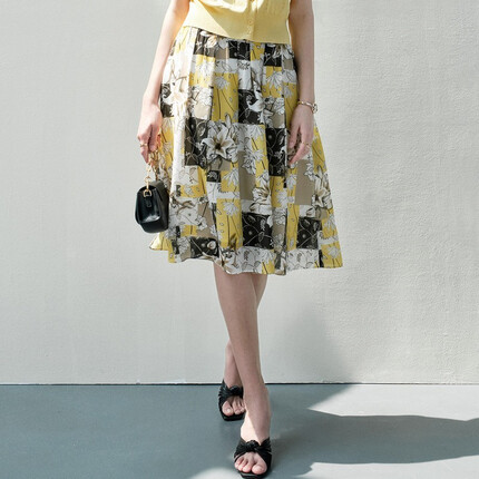 颜域印花真丝半身裙女夏季复古减龄显瘦桑蚕丝气质A字裙 黄花 M/38