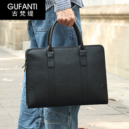 古梵缇男士公文包手提包横款公文包男头层牛皮电脑包商务通勤包gftx-382 植鞣皮平纹黑色 GUFANTI