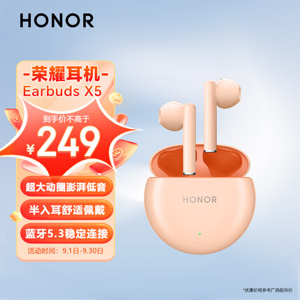 荣耀Earbuds X5 真无线蓝牙耳机 半入耳通话降噪 超大动圈澎湃低音 珊瑚粉