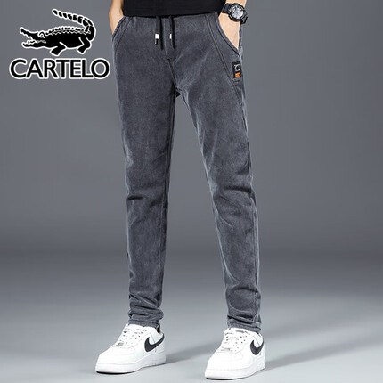 卡帝乐鳄鱼（CARTELO）牛仔裤男修身弹力休闲裤子男春秋直筒小脚男裤 灰色31/XL