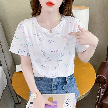 GOOMIL LEE纯棉白色短袖t恤女新款潮2023夏季衣服宽松刺绣印花女士体恤上衣 6836白色 2XL