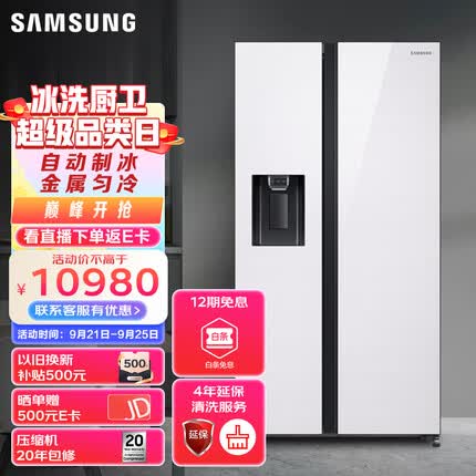 三星635升双开门冰箱 家用大容量对开门 嵌入式金属匀冷智能变频自动制冰机 以旧换新RS64R53E71L/SC白