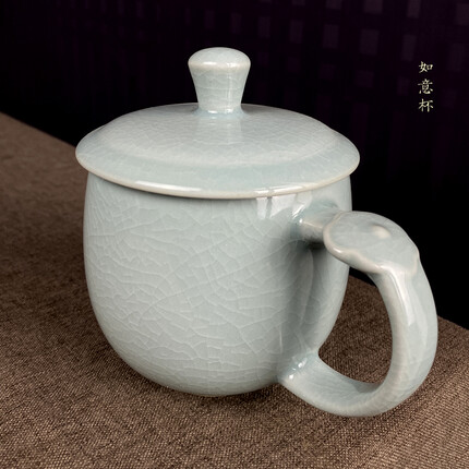 汝誉天下汝窑竹节杯会议杯带盖办公室茶杯陶瓷茶具汝瓷马克杯开片 如意杯(淑女杯)