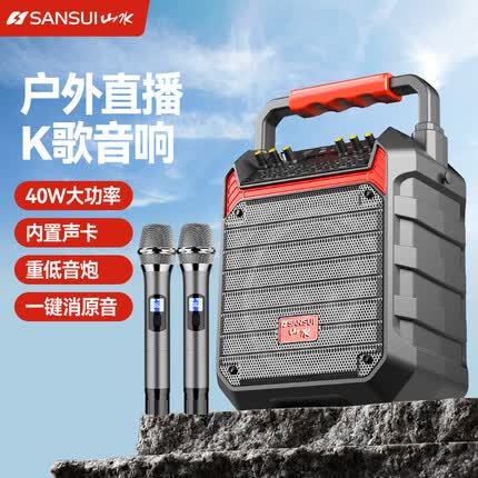 山水D35广场舞音响户外K歌直播带声卡超重低音炮大音量手提便携式蓝牙音箱小型播放器大功率带双话筒