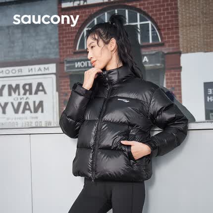 Saucony索康尼女子短款羽绒服冬季保暖面包服外套黑M