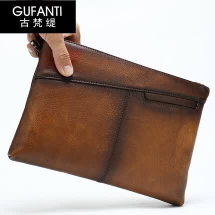 古梵缇男士手包 商务手拿包男牛皮复古手工擦色信封包手抓包 gftx-309 棕咖 GUFANTI