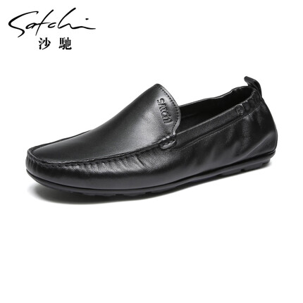 沙驰男鞋 单层皮豆豆鞋透气休闲皮鞋软底乐福鞋 402322257Z 黑色-A 41