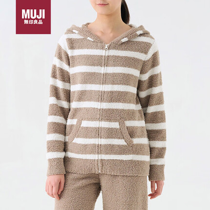 无印良品(MUJI)女式 发热毛毛纱家居拉链上衣 家居服 睡衣 棕色条纹 S~M