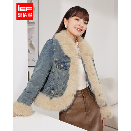 IEF2023新款冬季时尚毛边加厚保暖牛仔外套4708A-B56131-M8- 牛仔蓝 M
