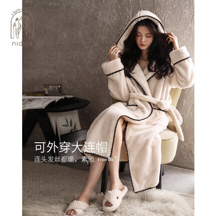 妮狄娅(nidiYa)妮狄娅2022睡衣睡袍女秋冬季珊瑚绒加厚保暖连帽中长款高级感浴袍 XF21402米白 M