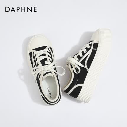 达芙妮（DAPHNE）饼干鞋女2023秋季新款低帮厚底显高百搭撞色板鞋帆布鞋女鞋子 黑色 35