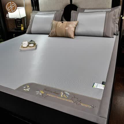 柚言夏季冰丝席三件套可水洗机洗折叠空调席夏天家用凉席子 千鸟格-灰色 180*200cm【绑带款】