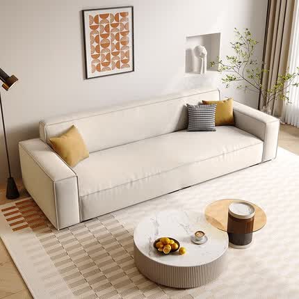 自然元素 沙发现代简约奶油风客厅中小户型科技布防猫抓豆腐块沙发 米色 【2.1米】直排