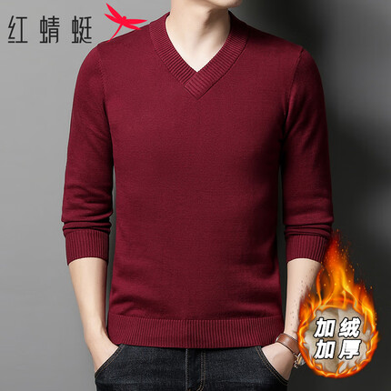 红蜻蜓(RED DRAGONFLY)毛衣男商务休闲V领时尚加绒纯棉针织衫套头打底衫上衣 红色 XL