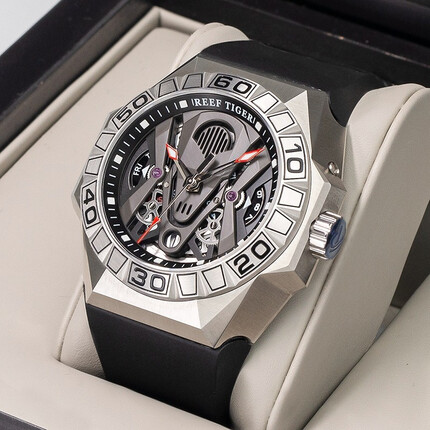 瑞夫泰格男士镂空全自动机械表霸气男表个性大表盘潜水夜光腕表RGA6922 白壳黑 胶带款