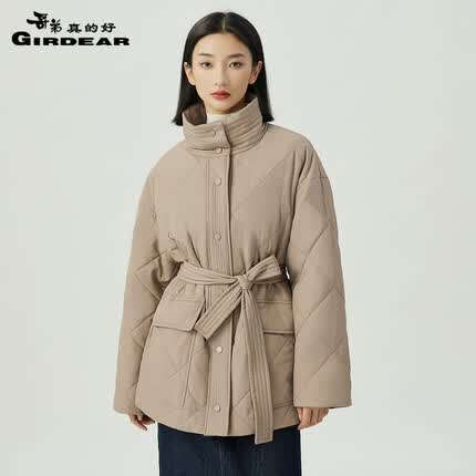 哥弟真的好立领棉服纯色中长款休闲宽松外套【附腰带】A400926 卡其 L(4码)