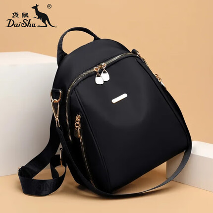 袋鼠（KANGAROO）开学季双肩背包女两用包2023新款潮流百搭校园大容量防水牛津布小 黑色