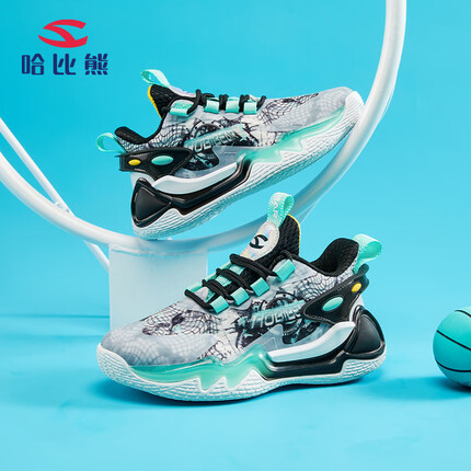哈比熊（HOBIBEAR）童鞋春秋儿童运动鞋网面男童鞋中大童篮球鞋子AS7863 黑绿38码