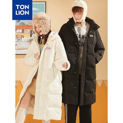 唐狮(TonLion)2023情侣羽绒服连帽学院风长款撞色面包服 黑色 XXL