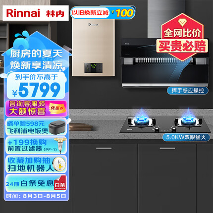 林内（Rinnai）油烟机燃气灶热水器套装 22立方 大吸力智能定时烟灶三件套 NM09J+2E07MT+16QC05 以旧换新