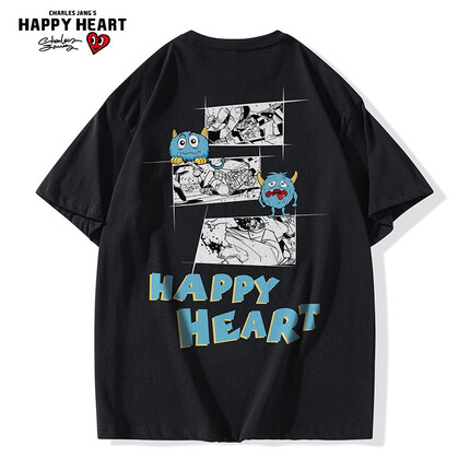查尔斯桃心夏季纯棉休闲T恤男圆领宽松青少年百搭怪兽印花短袖上衣男女同款 黑色 XL