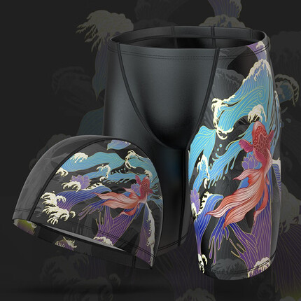 飞鱼未来泳裤男防尴尬五分游泳裤专业竞速时尚速干训练长款时尚性感潮温泉 泳帽泳裤套装 F3074+F0020黑 2XL/适体重131-155斤